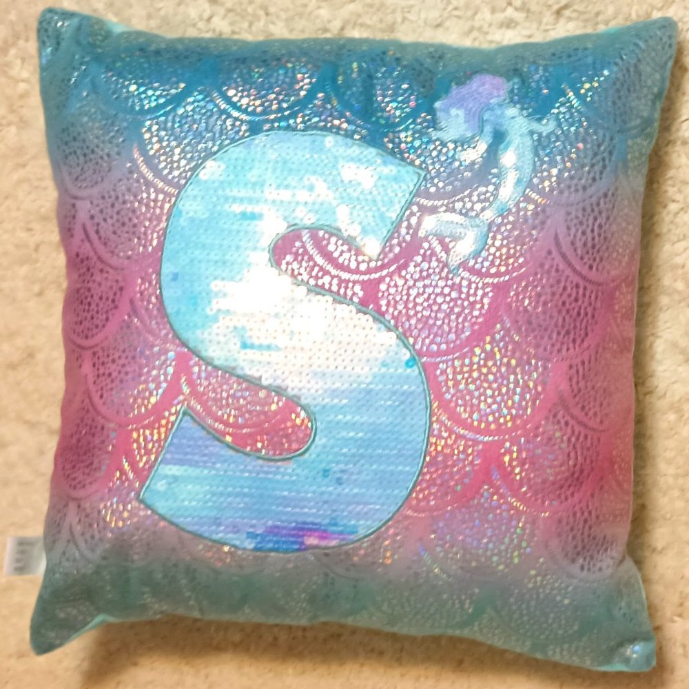 JUSTICE Pink & Teal Mermaid Shimmer Pillow with a Sequin Letter "S" & Mermaid